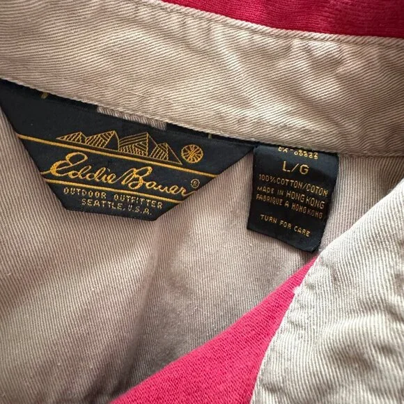 EDDIE BAUER Vintage Black Label Red Rugby Style Polo Shirt Top Tunic Button L